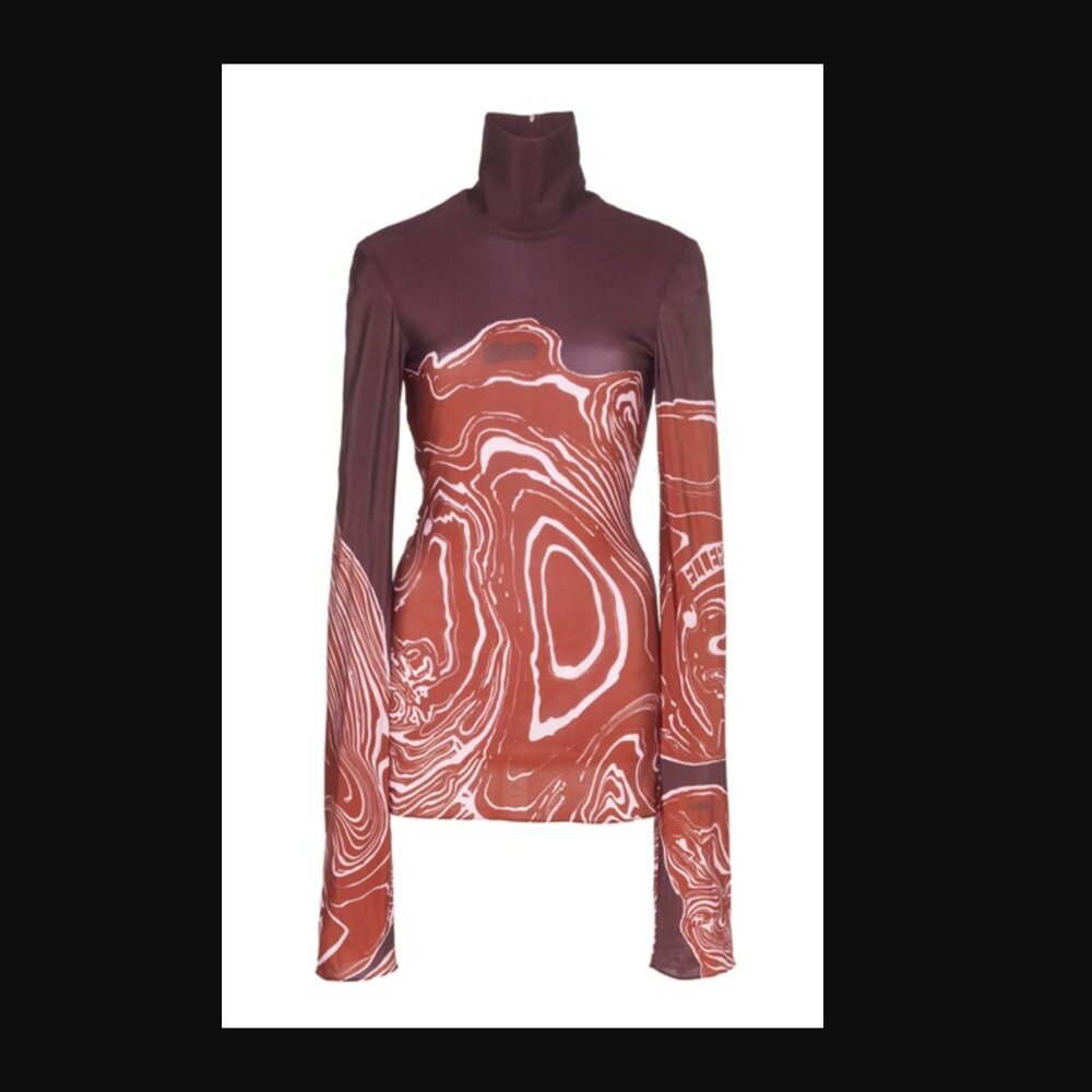 ELLERY Marble Printed Jersey Turtleneck Top In Burgundy Size Medium